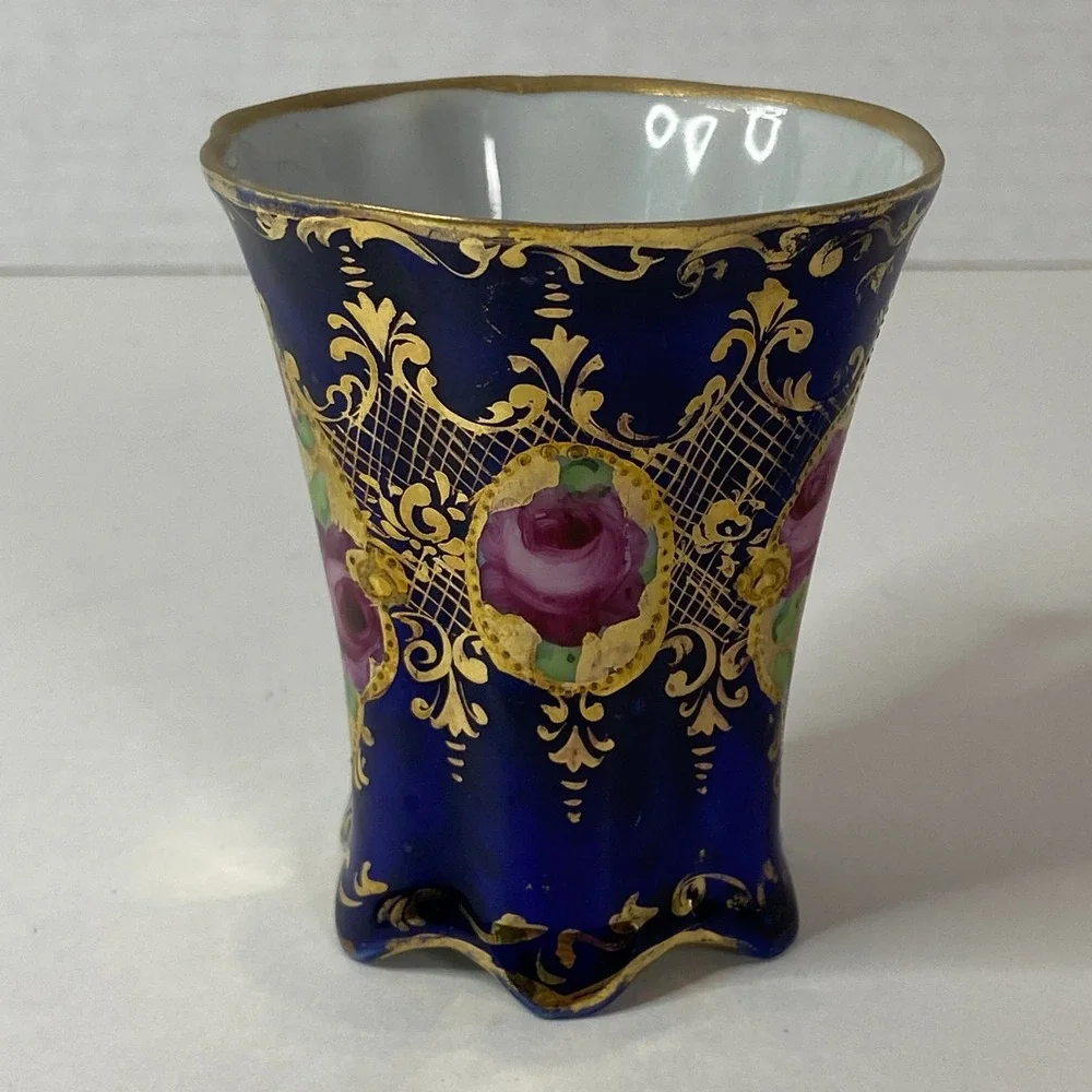 Antique Cobalt Blue Porcelain Tea Cup Gold Gilt Rose Medallion Scalloped Rim